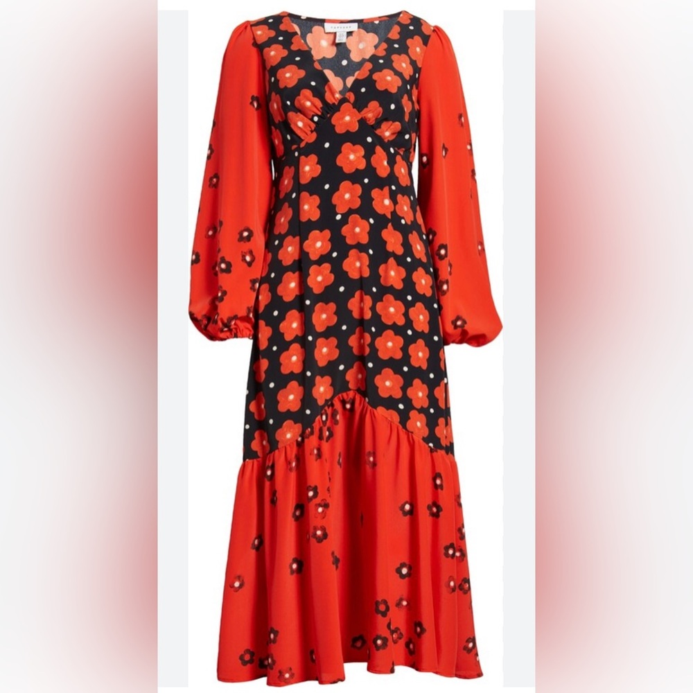 Topshop Long Sleeve Flounced Floral ColorBlock Midi Dress Navy & Poppy Red TB15